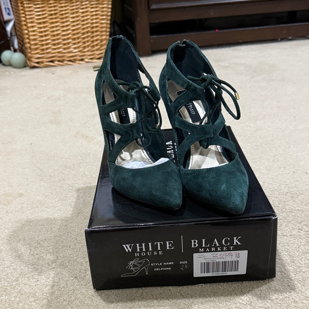 White House Black Market Dark Green Lace-Up Heels size 7.5M